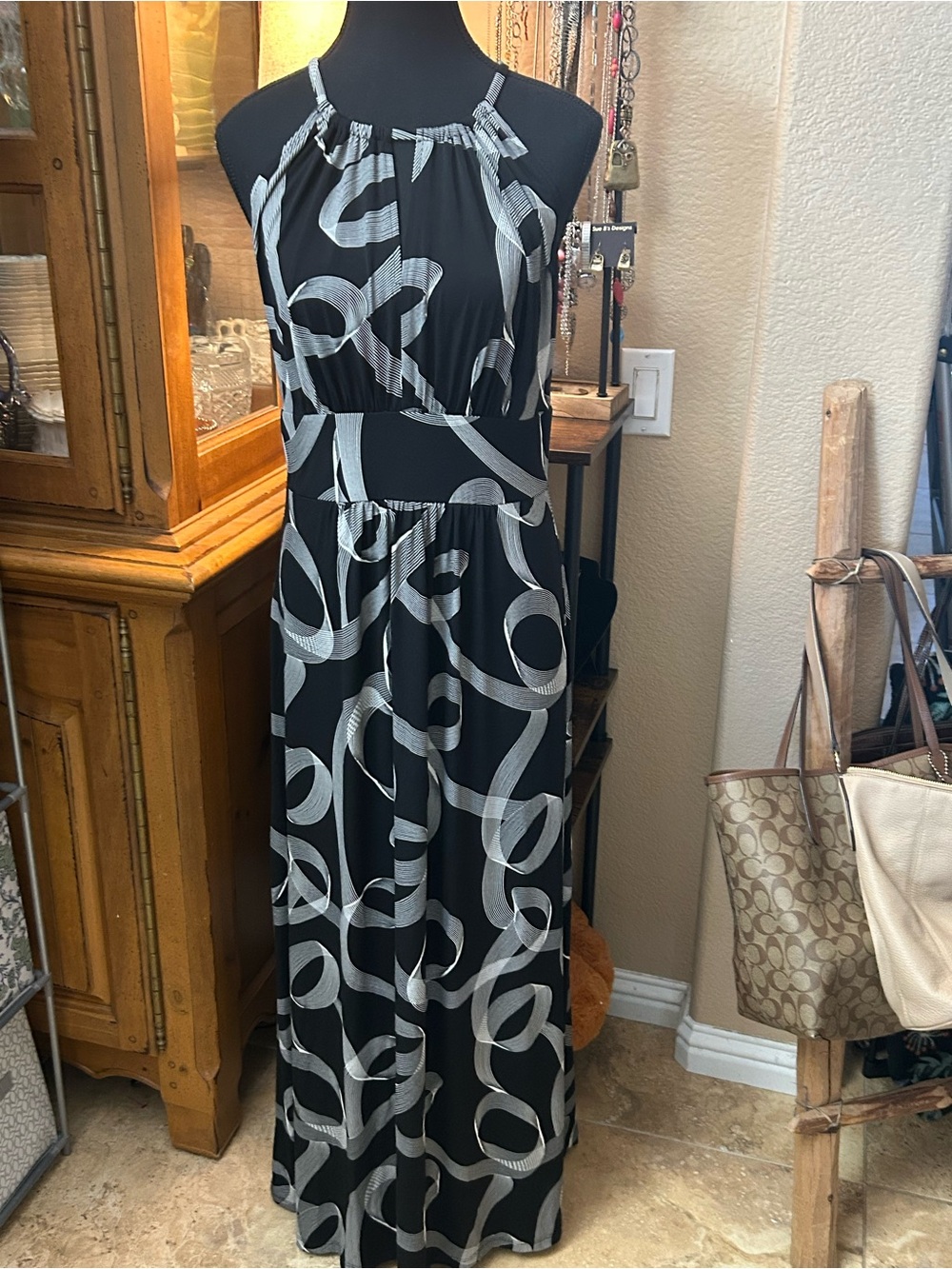 London Times Black Maxi Dress with White Swirl Print